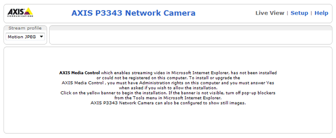 Axis network camera home page with no ActiveX