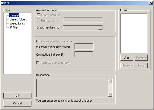 FileZilla users dialog box screenshot