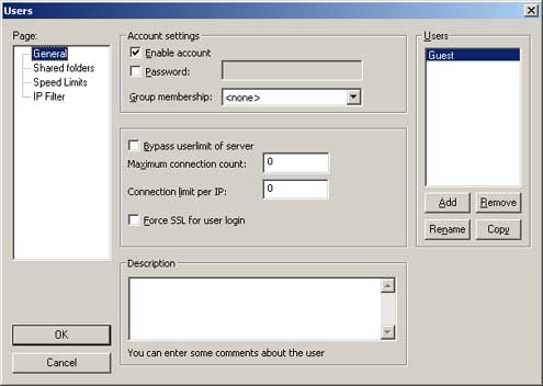 Screenshot of FileZilla guest users dialog box with guest user added
