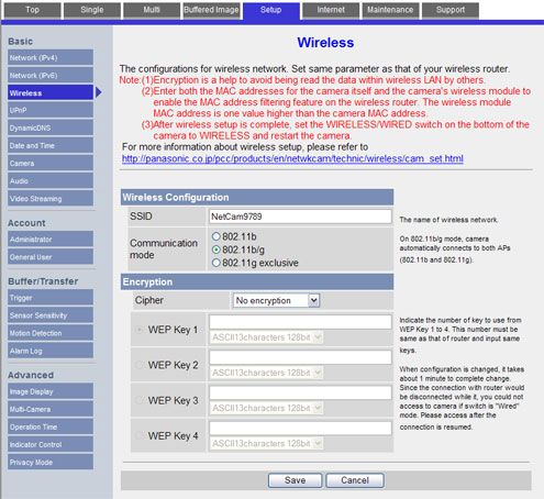 Panasonic BL-C131 wireless settings page