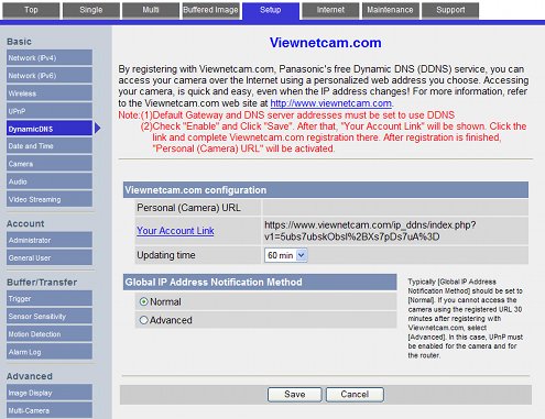 Viewnetcam.com setting in a Panasonic IP camera with your account link