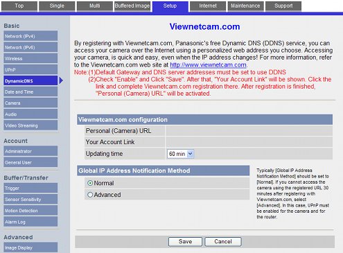 Viewnetcam.com setting in a Panasonic IP camera