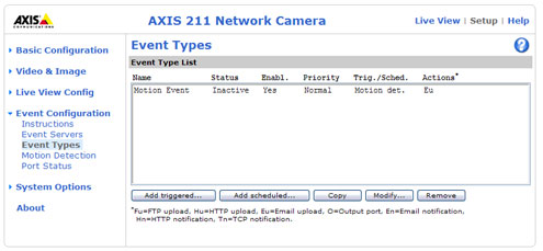 Axis 211 event types screenshot with a motion event
