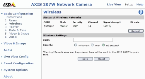 Axis camera wireless settings