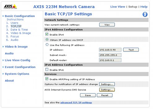 Screenshot of Axis TCP/IP settings