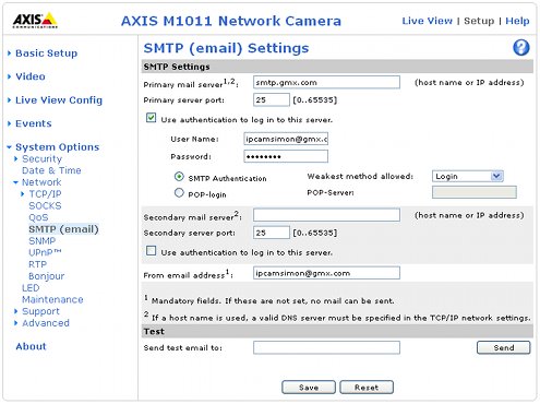 Screenshot of entering SMTP details into an Axis IP camera