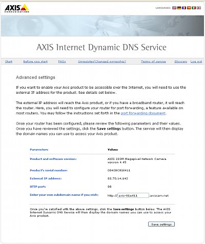 Screenshot of Axis Internet Dynamic DNS Service advanced settings
