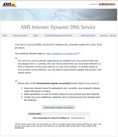 Screenshot of Axis Internet Dynamic DNS Service showing permanently register button