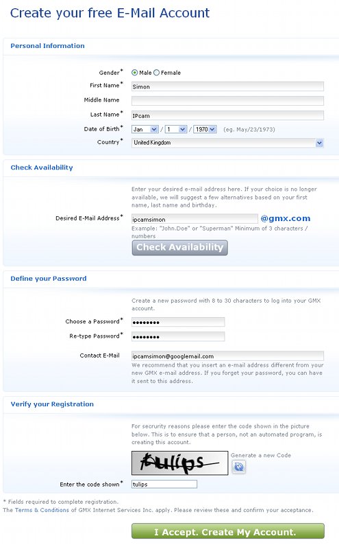 Screenshot of creating an email account with GMX.com