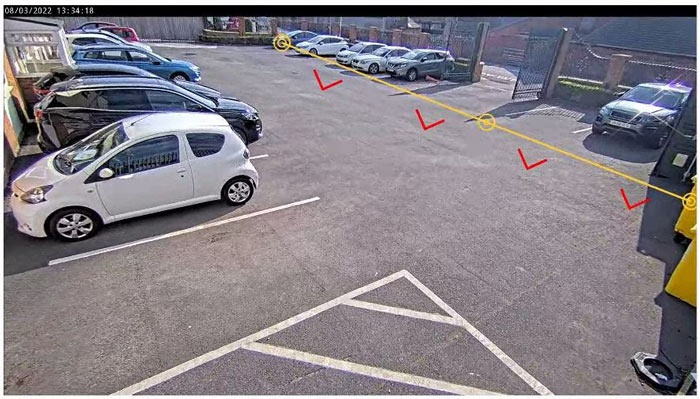 Car park image showing the line-crossing overlay in Axis Object Analytics